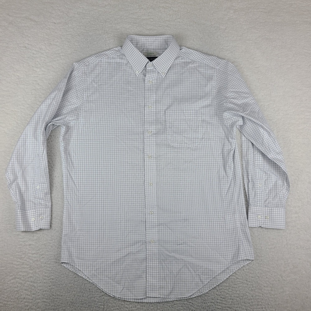 Jos A Bank Traveler Shirt Mens 17 32/33 Blue White Tailored Fit Dress Button Up